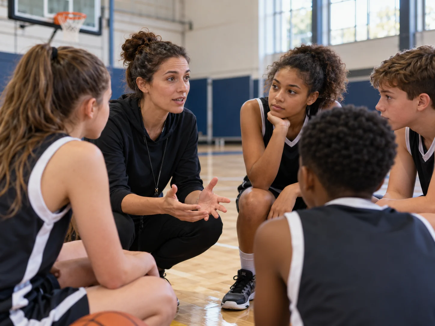 Entrenadora con niñas y niños durante una charla de básquetbol