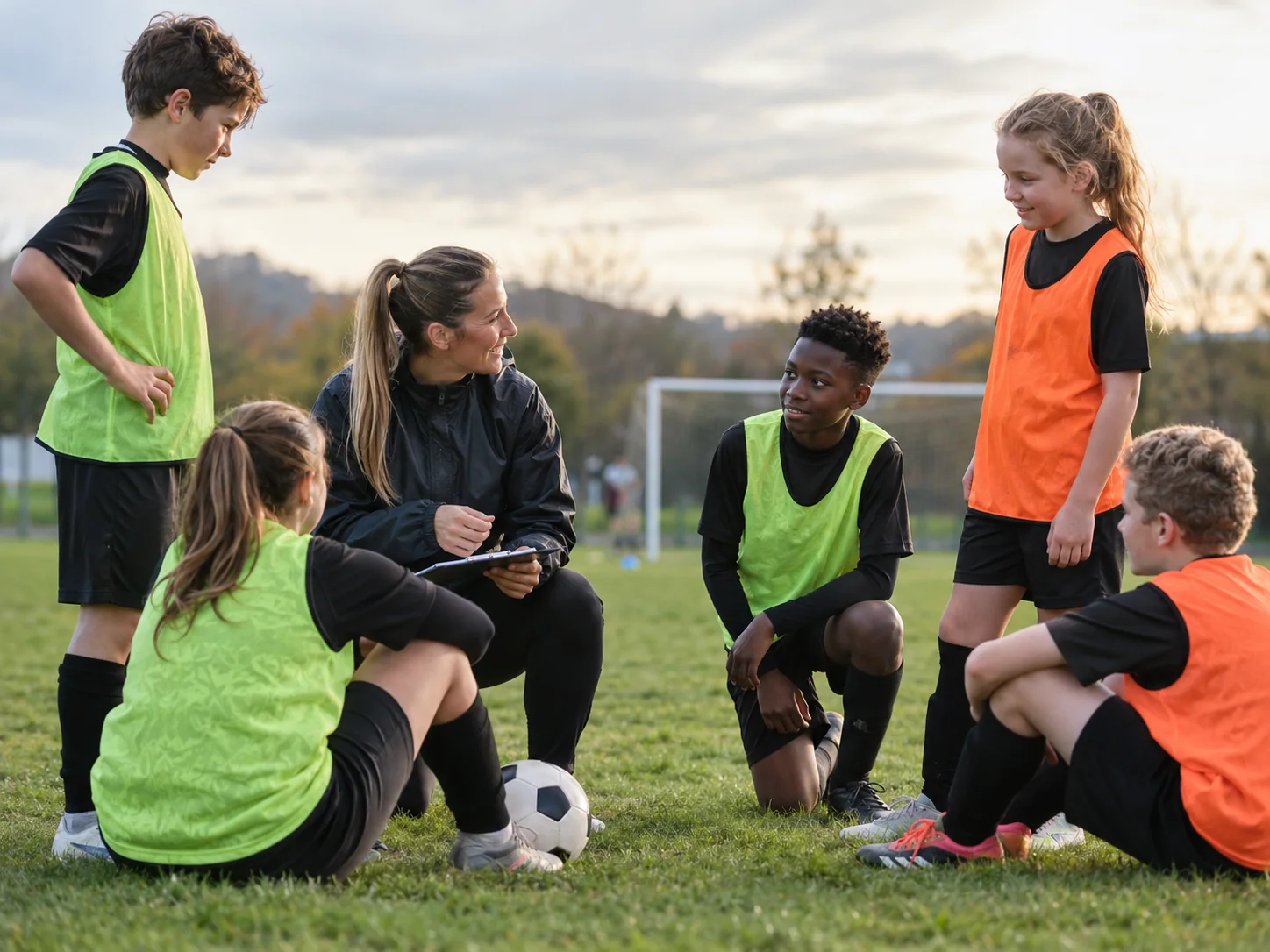 Niñas y niños en una práctica de fútbol con acompañamiento