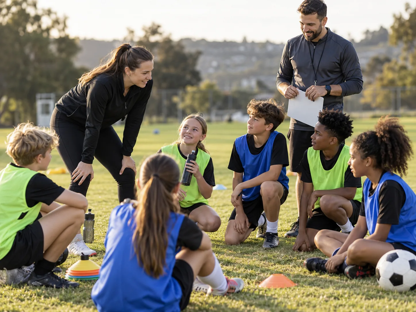 Entrenadores y jóvenes en una charla de equipo durante un entrenamiento